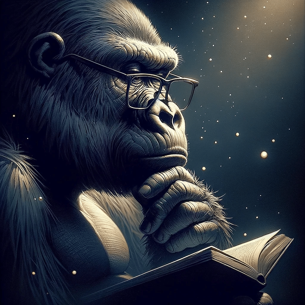 DALL·E 2023-10-25 16.19.11 - Artistic rendering of a thoughtful gorilla, with glasses resting on its nose, engrossed in reading a book at night. The ambiance is dark and moody, ut
