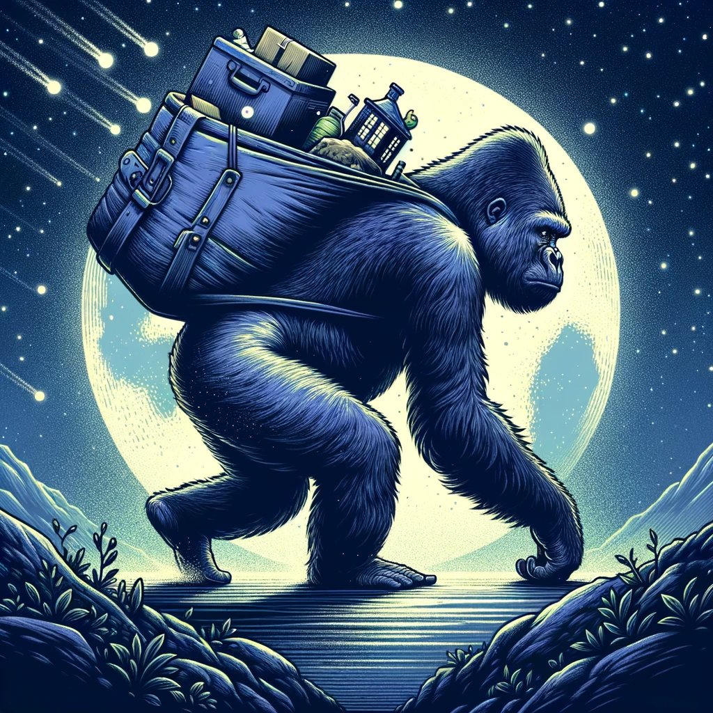 DALL·E 2023-10-25 16.28.01 - Nighttime illustration of a gorilla journeying from one place to another, signifying a home move. The gorilla has some possessions with it, emphasizin